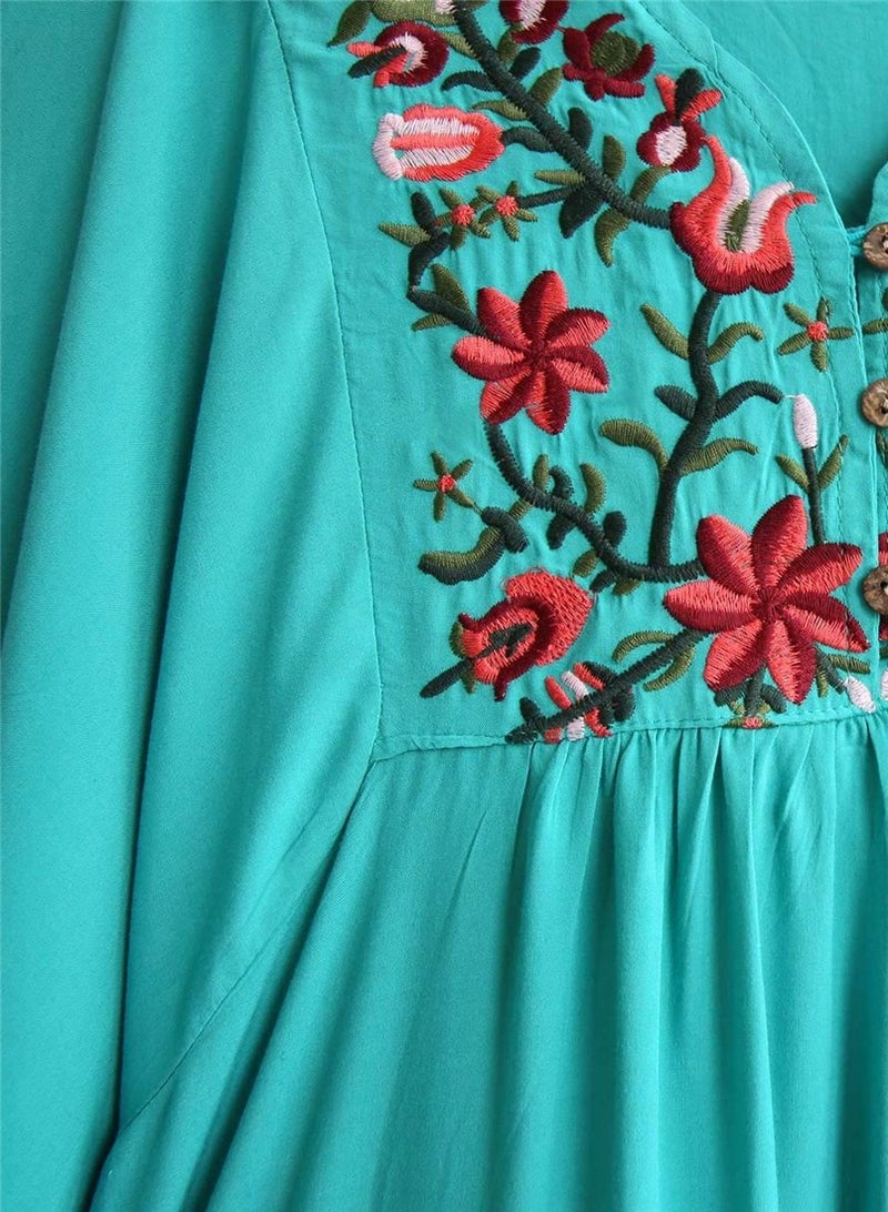 Kafeimali Women's Summer Mini Dress Bohemian Embroidery Tunic Shift Blouse (Light blue) - Image 3